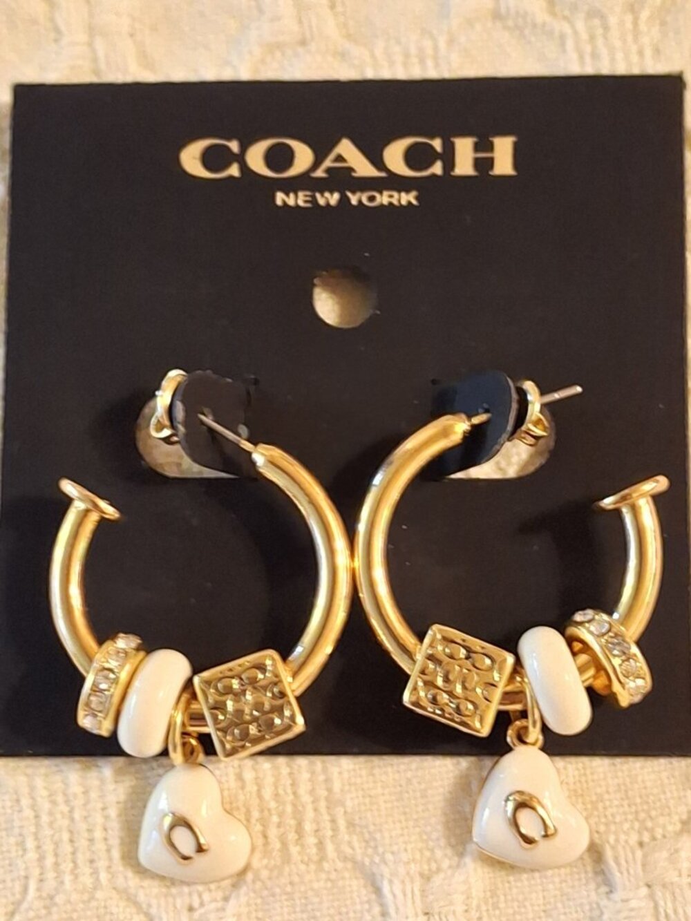 Coach Signature Enamel Heart Cube Charm Hoop Earrings - Picture 3 of 4